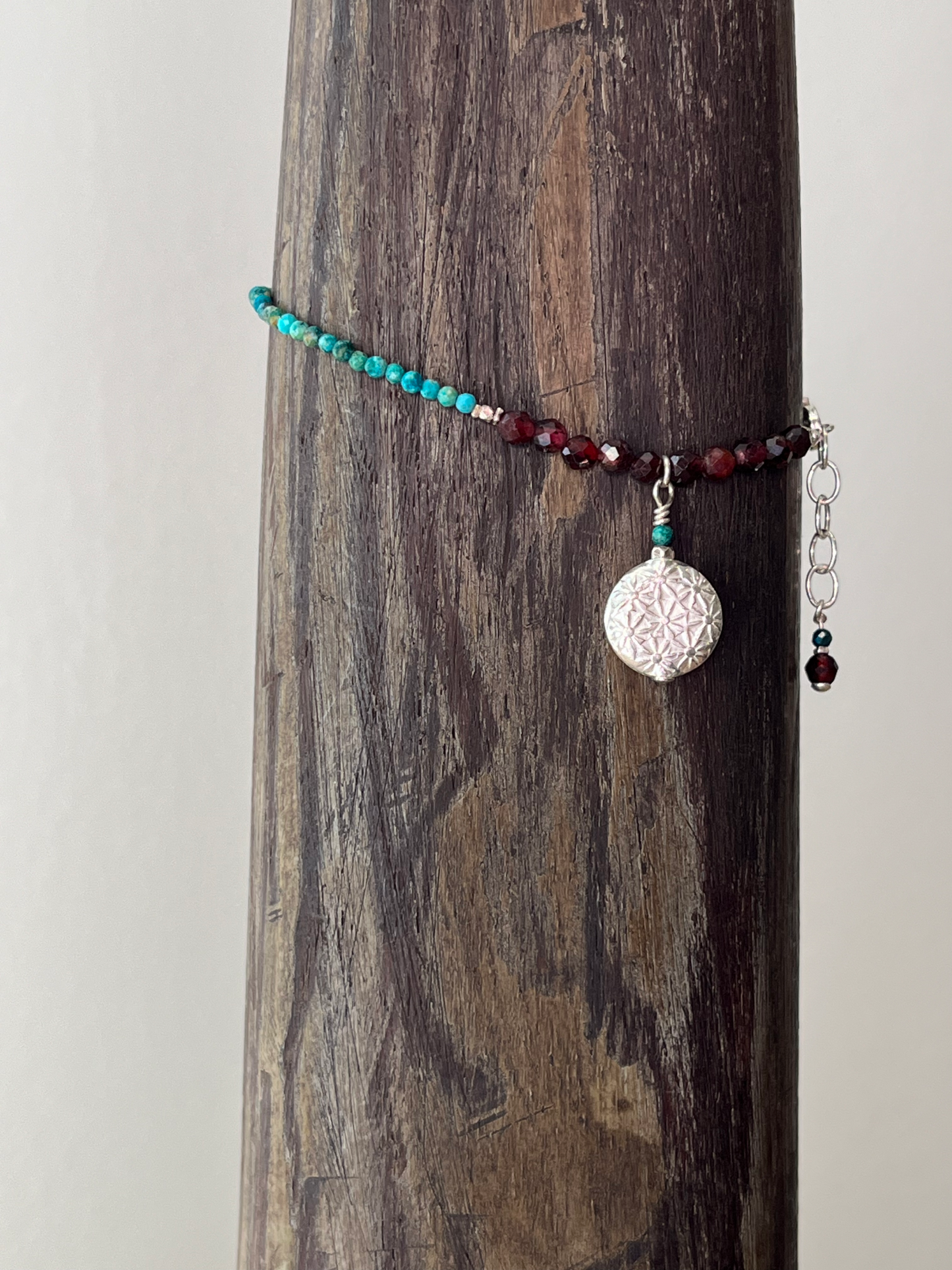 Turquoise & Garnet Bracelet with Thai Silver Charm