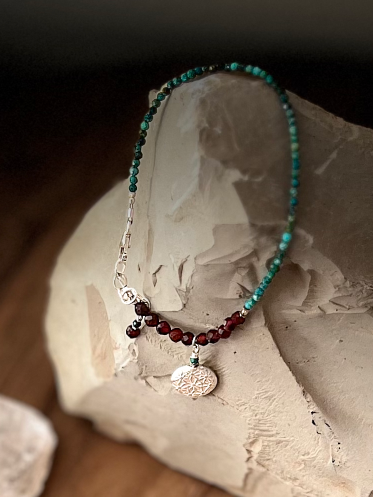 Turquoise & Garnet Bracelet with Thai Silver Charm