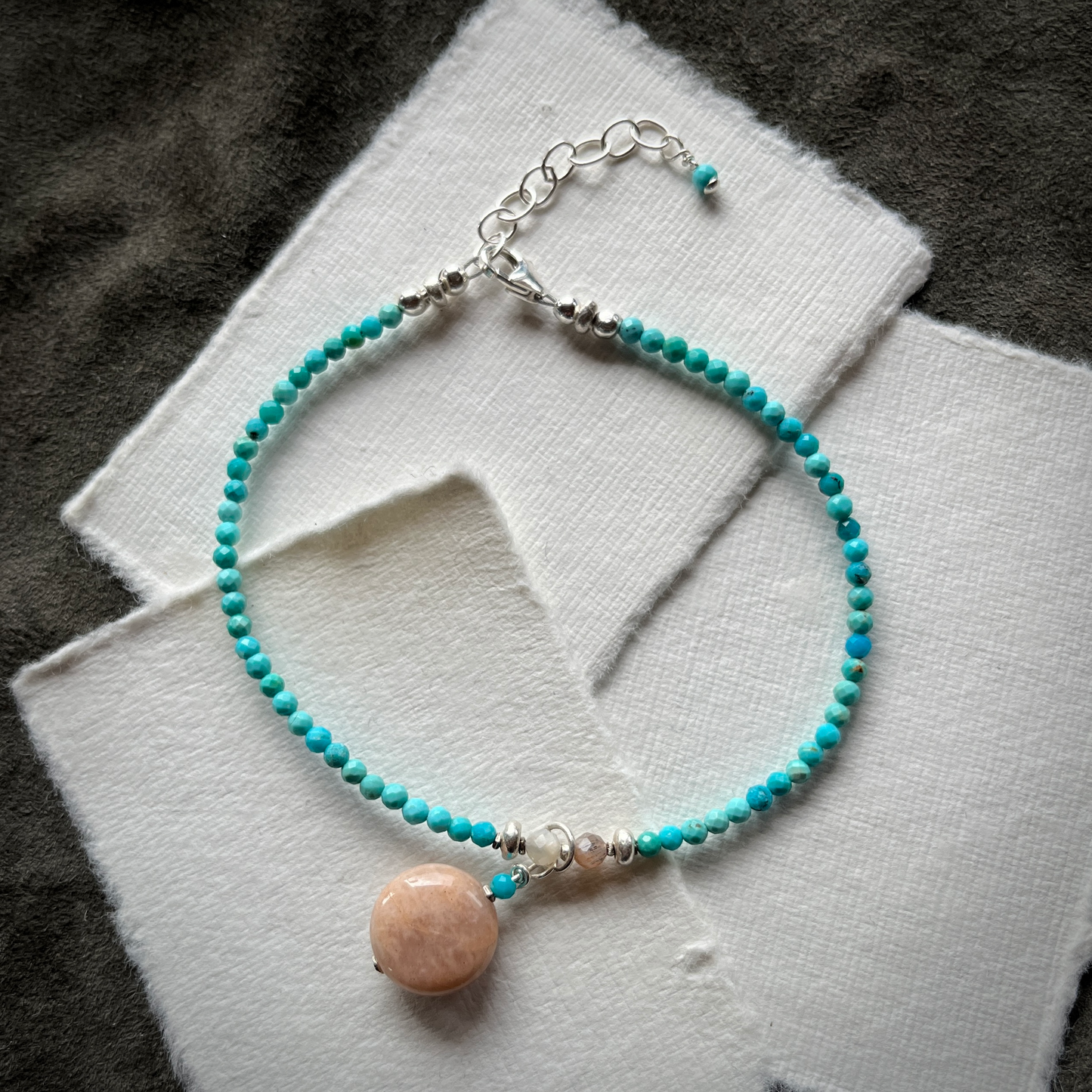 Turquoise Bracelet with Peach Moonstone Charm