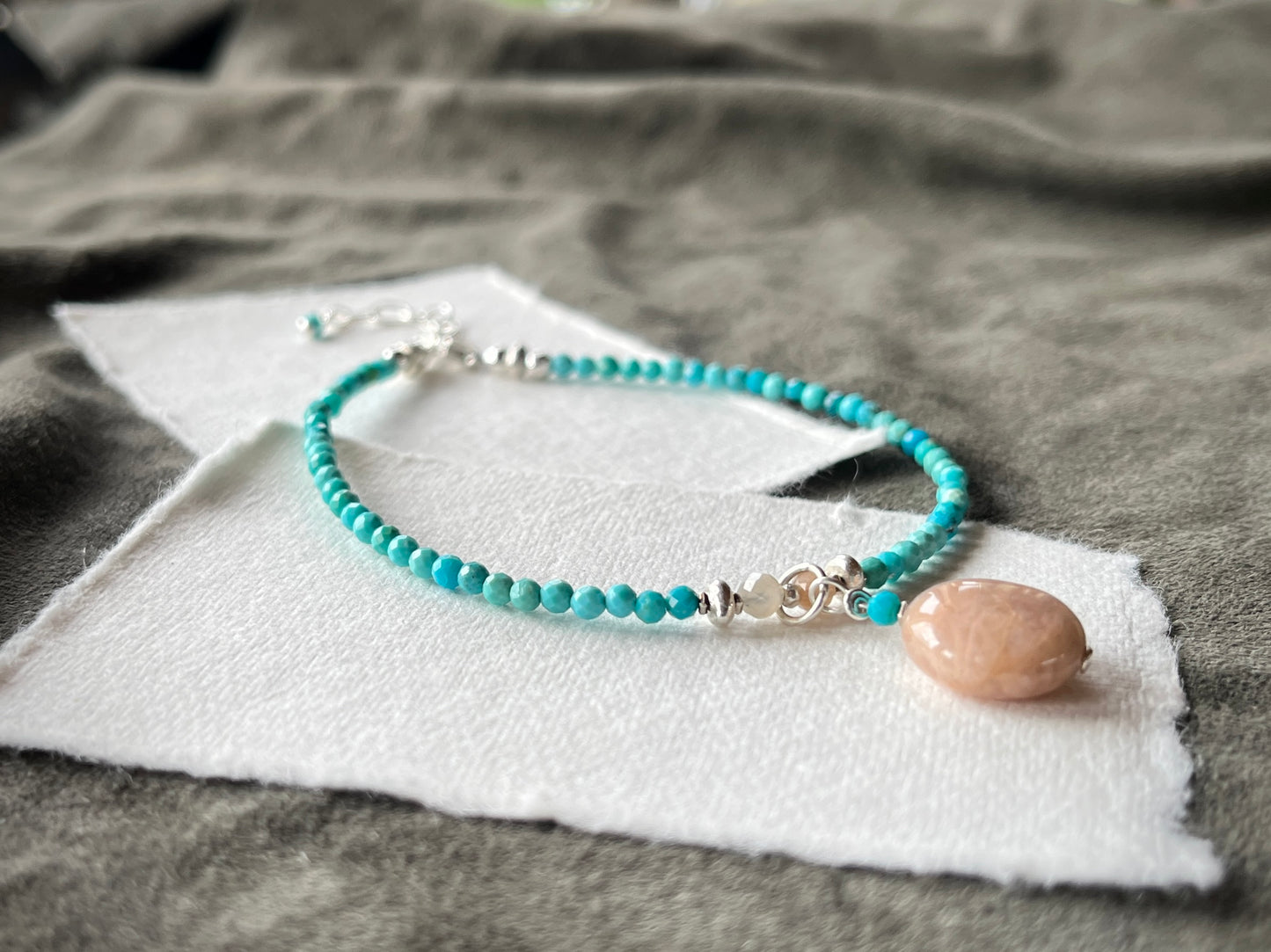 Turquoise Bracelet with Peach Moonstone Charm