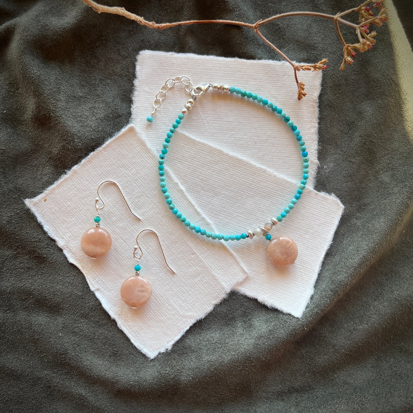 Turquoise Bracelet with Peach Moonstone Charm
