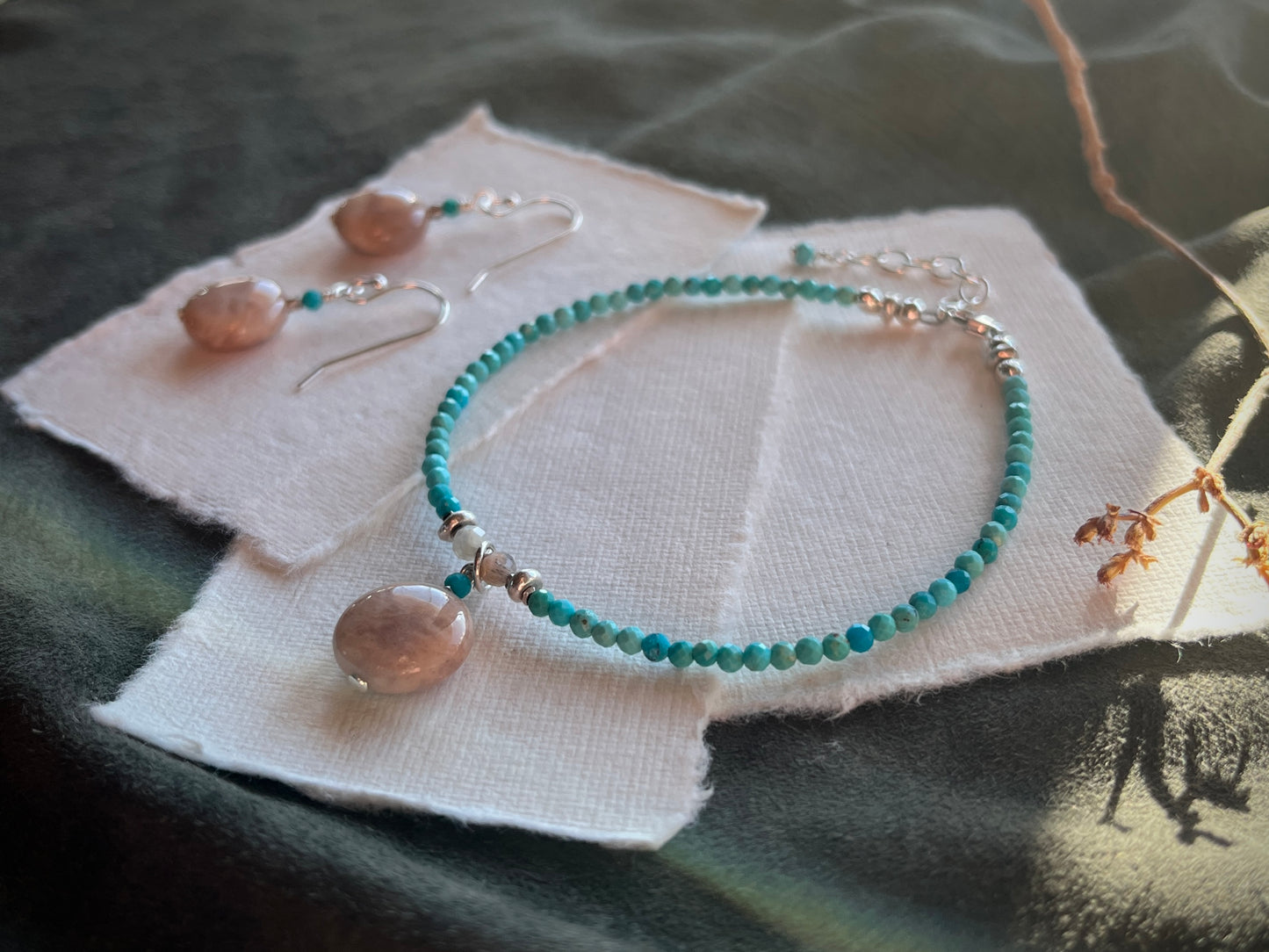 Turquoise Bracelet with Peach Moonstone Charm