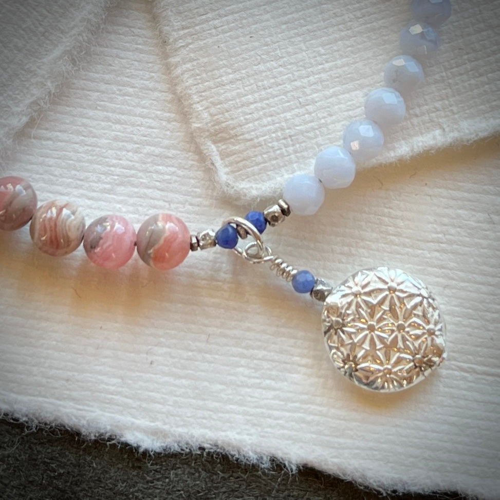 Rhodochrosite & Blue Lace Agate Bracelet with Pressed Thai Silver Charm