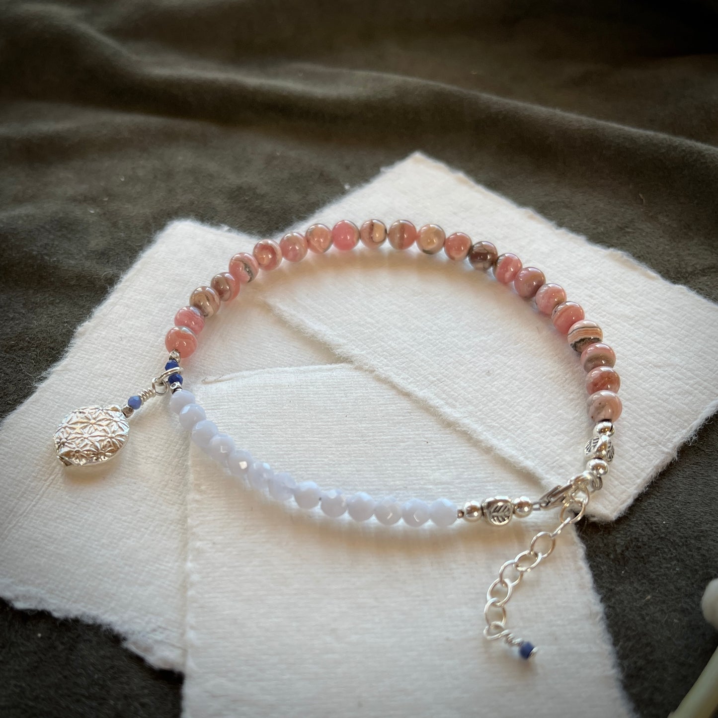 Rhodochrosite & Blue Lace Agate Bracelet with Pressed Thai Silver Charm