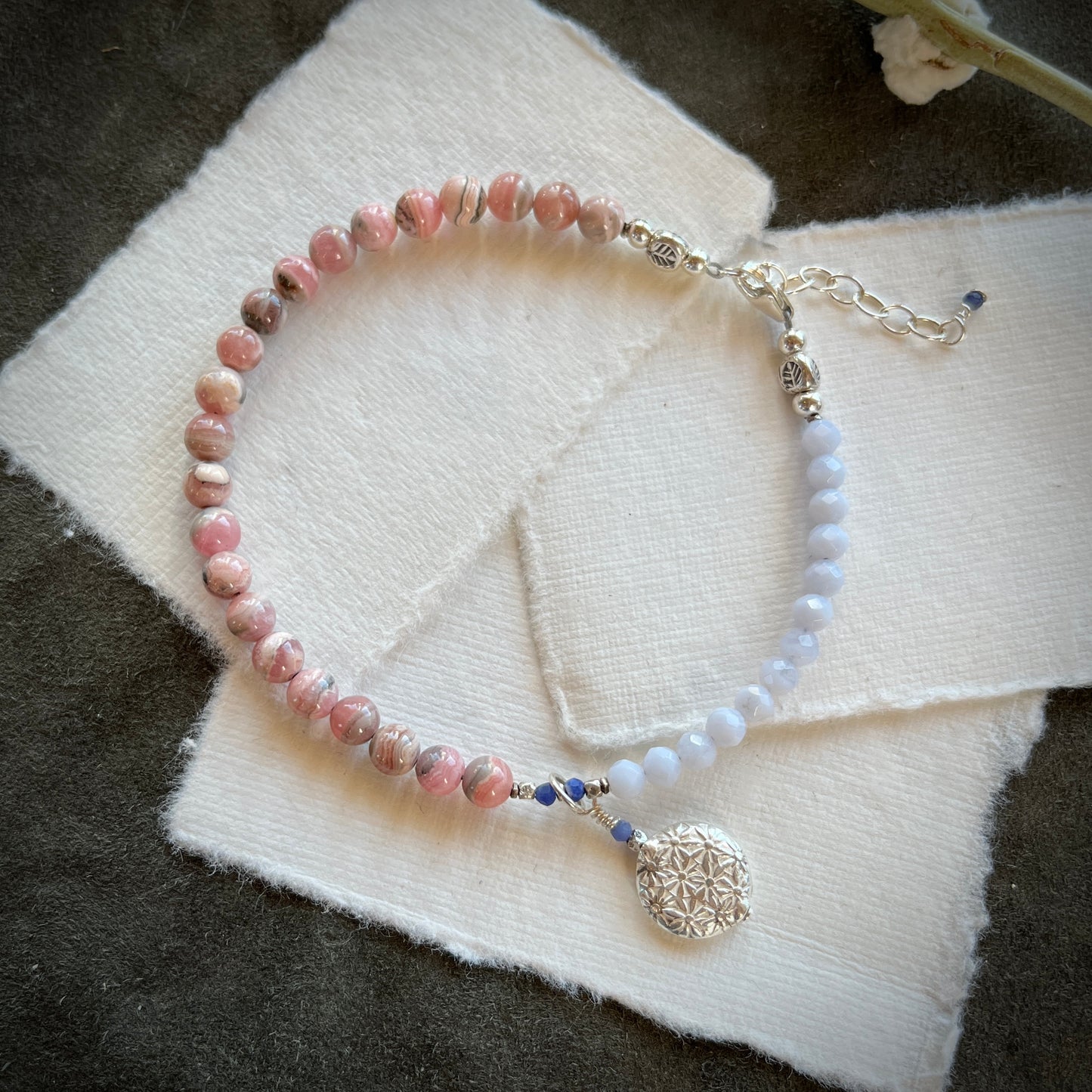 Rhodochrosite & Blue Lace Agate Bracelet with Pressed Thai Silver Charm